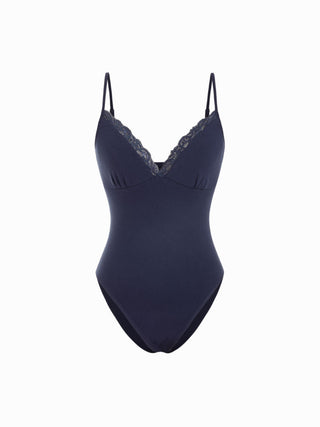 High Stretch V-neck Lace Trim Cami Bodysuit