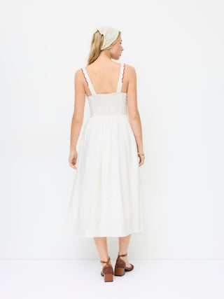 Linen-blend Square Neck Fruit Embroidery Flared Maxi Dress