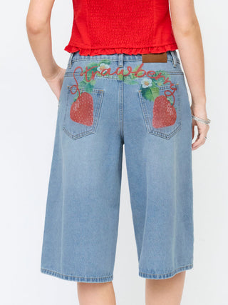 Washed Denim Mid Rise Strawberry Graphic Wide Leg Bermuda Shorts