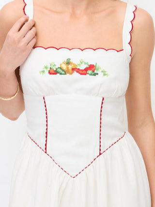 Linen-blend Square Neck Fruit Embroidery Flared Maxi Dress