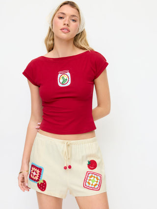 Cotton-blend Boat Neck Fruit Applique Short Sleeve Tee