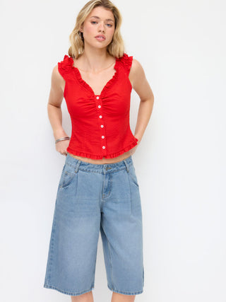 Washed Denim Mid Rise Strawberry Graphic Wide Leg Bermuda Shorts