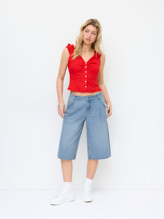 Washed Denim Mid Rise Strawberry Graphic Wide Leg Bermuda Shorts