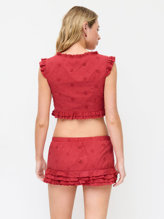 Square Neck Ruffled Top & Low Rise Embroidery Ruffle Hem Mini Skirt Set