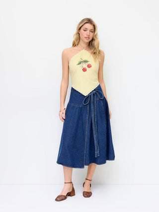 Linen-blend Halter Neckline Tie Back Cherry Embroidery Top