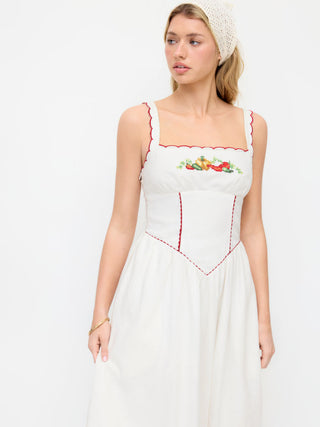 Linen-blend Square Neck Fruit Embroidery Flared Maxi Dress