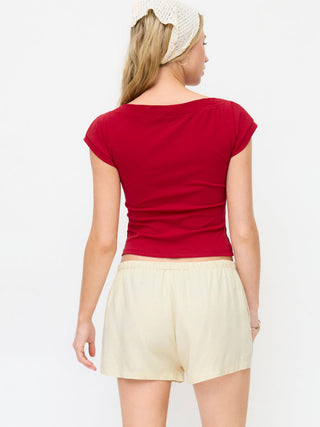 Cotton-blend Boat Neck Fruit Applique Short Sleeve Tee