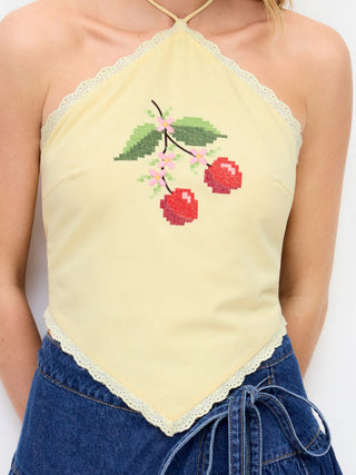 Linen-blend Halter Neckline Tie Back Cherry Embroidery Top