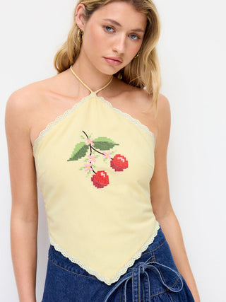 Linen-blend Halter Neckline Tie Back Cherry Embroidery Top