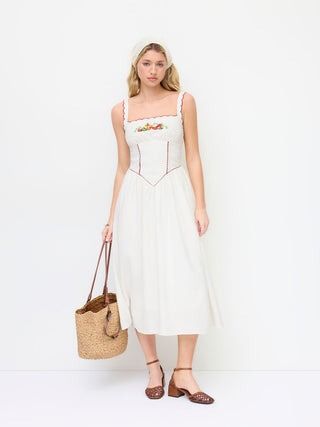 Linen-blend Square Neck Fruit Embroidery Flared Maxi Dress