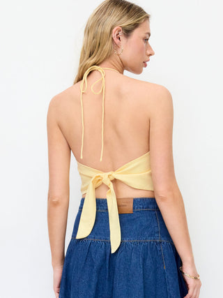 Linen-blend Halter Neckline Tie Back Cherry Embroidery Top