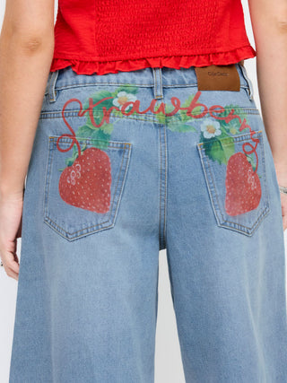 Washed Denim Mid Rise Strawberry Graphic Wide Leg Bermuda Shorts