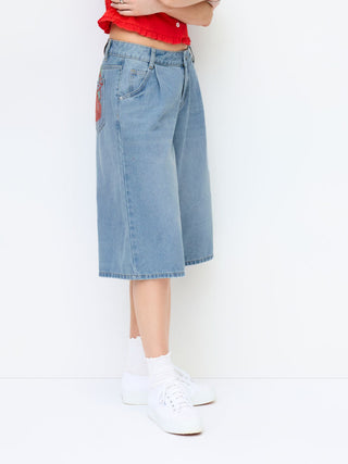 Washed Denim Mid Rise Strawberry Graphic Wide Leg Bermuda Shorts