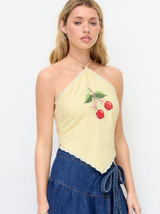 Linen-blend Halter Neckline Tie Back Cherry Embroidery Top
