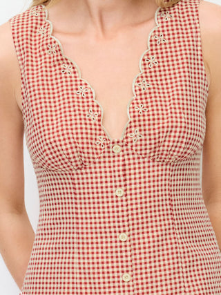 Cotton-blend Gingham V-neck Scallop Hem A-line Mini Dress
