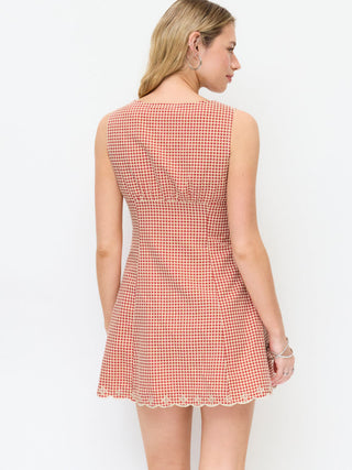 Cotton-blend Gingham V-neck Scallop Hem A-line Mini Dress