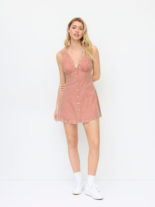 Cotton-blend Gingham V-neck Scallop Hem A-line Mini Dress