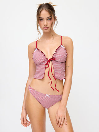 V-neck Gingham Bowknot Lettuce Trim Tankini Bikini Set