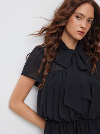 Chiffon Stand Collar Puff Sleeve Bowknot Drawstring Ruffle Romper