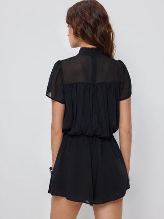Chiffon Stand Collar Puff Sleeve Bowknot Drawstring Ruffle Romper