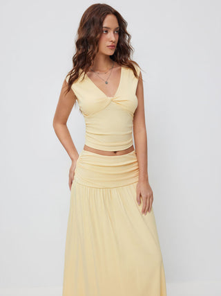 V-neck Twist Ruched Top & Mid Rise Ruched Flared Maxi Skirt Set