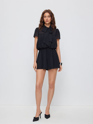Chiffon Stand Collar Puff Sleeve Bowknot Drawstring Ruffle Romper