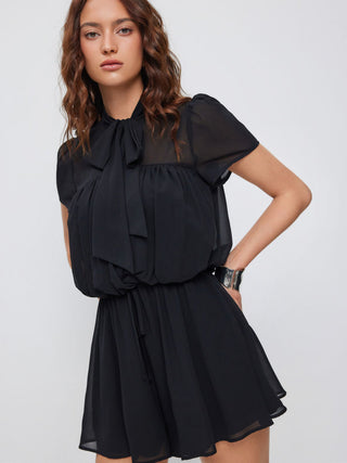 Chiffon Stand Collar Puff Sleeve Bowknot Drawstring Ruffle Romper