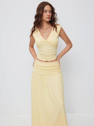 V-neck Twist Ruched Top & Mid Rise Ruched Flared Maxi Skirt Set