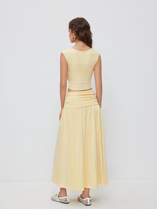 V-neck Twist Ruched Top & Mid Rise Ruched Flared Maxi Skirt Set