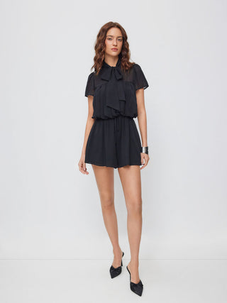 Chiffon Stand Collar Puff Sleeve Bowknot Drawstring Ruffle Romper