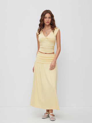 V-neck Twist Ruched Top & Mid Rise Ruched Flared Maxi Skirt Set