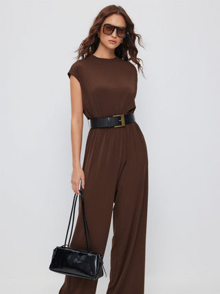 Knit Fabric  Round Neckline Oversized Jumpsuit with Belt