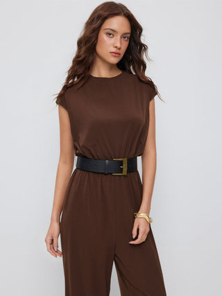 Knit Fabric  Round Neckline Oversized Jumpsuit with Belt