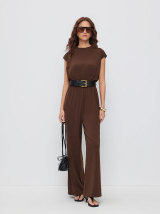 Knit Fabric  Round Neckline Oversized Jumpsuit with Belt
