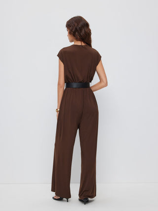 Knit Fabric  Round Neckline Oversized Jumpsuit with Belt