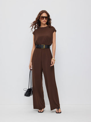 Knit Fabric  Round Neckline Oversized Jumpsuit with Belt
