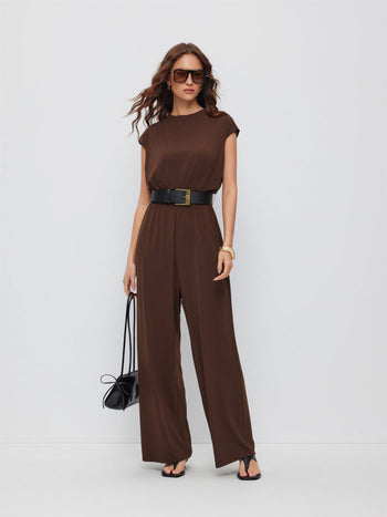 Knit Fabric  Round Neckline Oversized Jumpsuit with Belt
