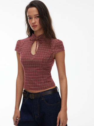 Cotton Gingham Mandarin Collar Puff Sleeve Bowknot Blouse
