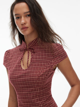 Cotton Gingham Mandarin Collar Puff Sleeve Bowknot Blouse