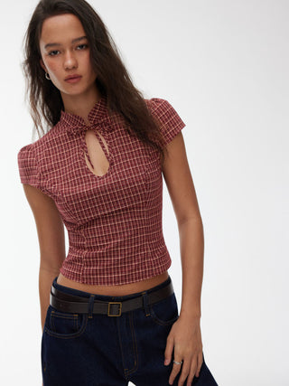 Cotton Gingham Mandarin Collar Puff Sleeve Bowknot Blouse