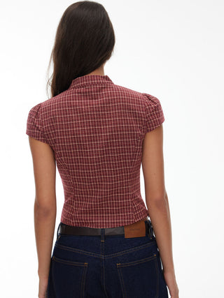 Cotton Gingham Mandarin Collar Puff Sleeve Bowknot Blouse