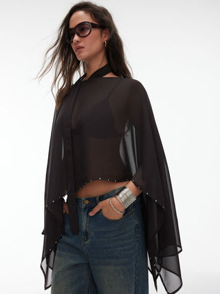 Chiffon Boat Neck Cloak Sleeve See-through Oversized Cape With Scarf