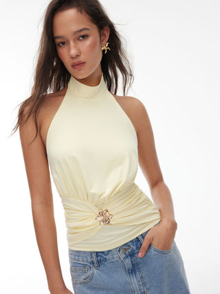 Knit Fabric Halter Neckline Ruched Backless Metal Detail Top For Daily Casual Party/Clubbing