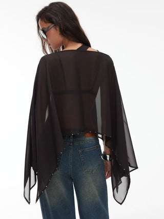 Chiffon Boat Neck Cloak Sleeve See-through Oversized Cape With Scarf