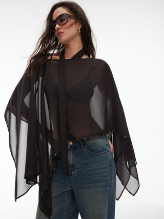 Chiffon Boat Neck Cloak Sleeve See-through Oversized Cape With Scarf
