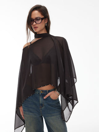 Chiffon Boat Neck Cloak Sleeve See-through Oversized Cape With Scarf