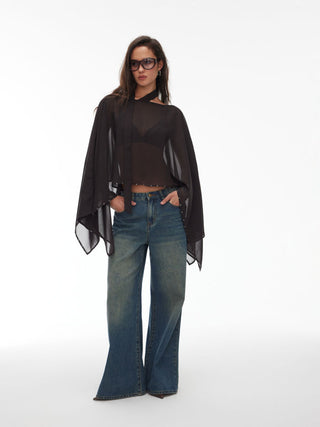Chiffon Boat Neck Cloak Sleeve See-through Oversized Cape With Scarf