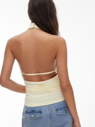 Knit Fabric Halter Neckline Ruched Backless Metal Detail Top For Daily Casual Party/Clubbing
