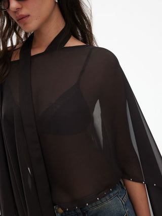 Chiffon Boat Neck Cloak Sleeve See-through Oversized Cape With Scarf