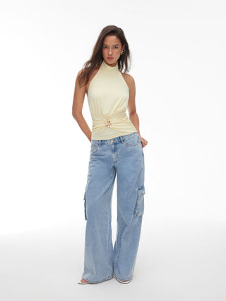 Knit Fabric Halter Neckline Ruched Backless Metal Detail Top For Daily Casual Party/Clubbing